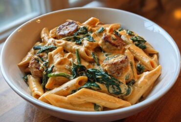 A close-up of creamy chicken sausage pasta mixed with wilted spinach served in a white bowl.