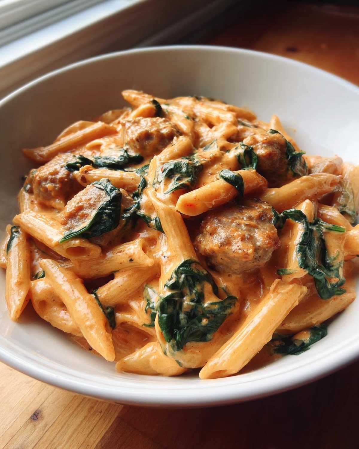 Close-up of creamy chicken sausage pasta with penne and wilted spinach served in a white bowl.