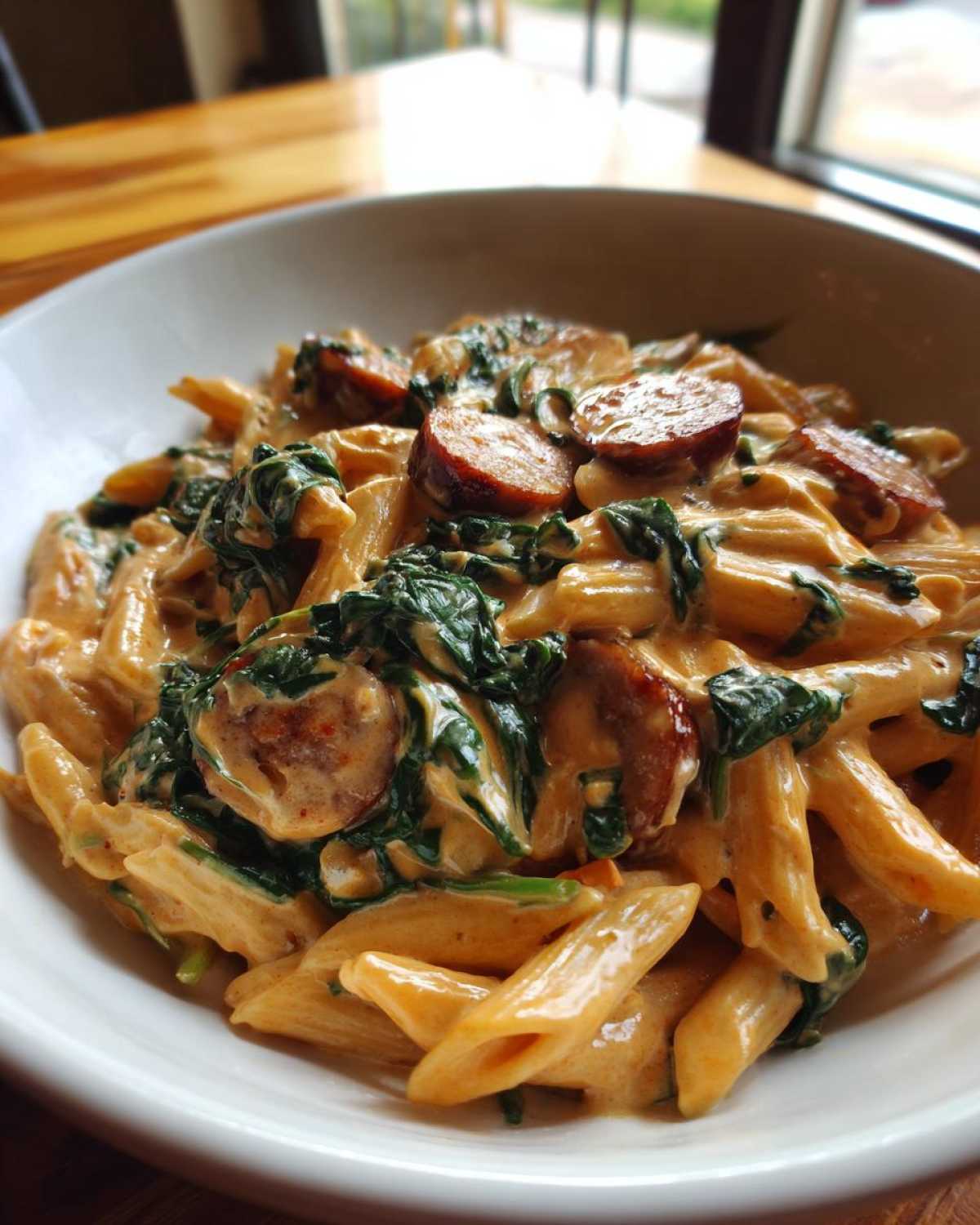 Close-up of creamy chicken sausage pasta featuring penne, sliced sausage, and wilted spinach in a white bowl.