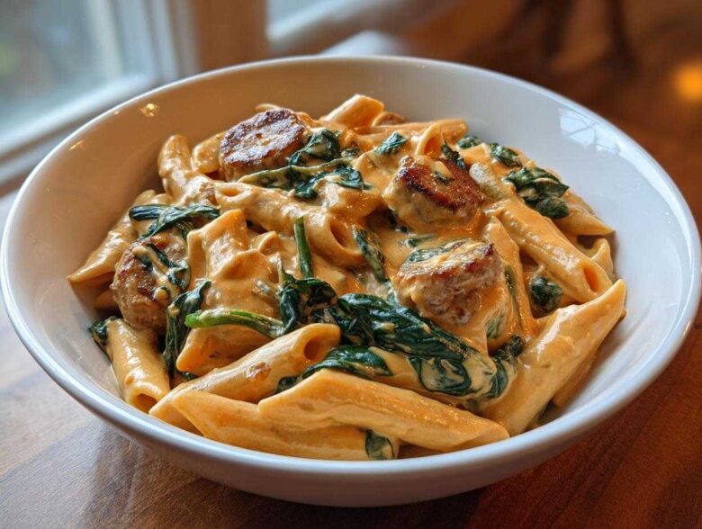 A close-up of creamy chicken sausage pasta mixed with wilted spinach served in a white bowl.