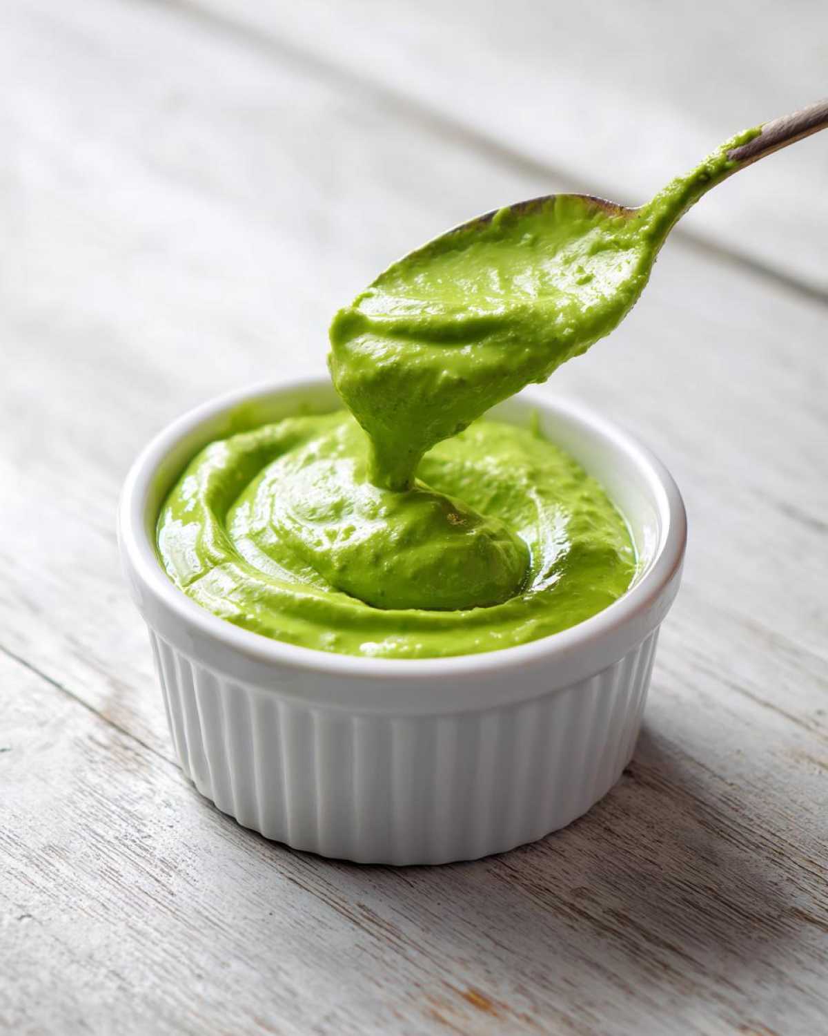 A spoonful of vibrant green cilantro lime sauce being lifted from a white ramekin.