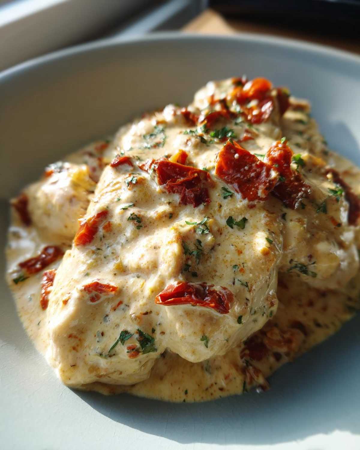 Close-up of tender chicken breasts smothered in creamy sauce, sun-dried tomatoes, and herbs: Crockpot Marry Me Chicken.