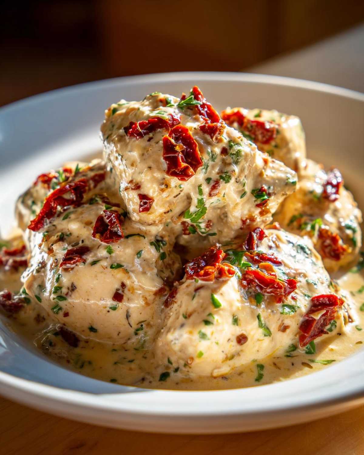 Close-up of tender chicken breasts smothered in creamy sauce, topped with sun-dried tomatoes and herbs, ready to serve for crockpot marry me chicken.