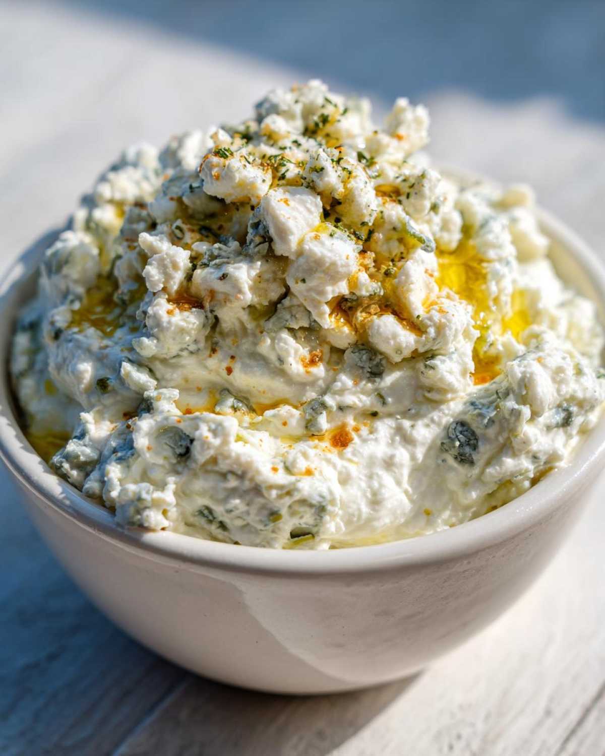 Close-up of a white bowl filled with creamy, chunky dirty martini dip topped with crumbled blue cheese, herbs, and olive oil.
