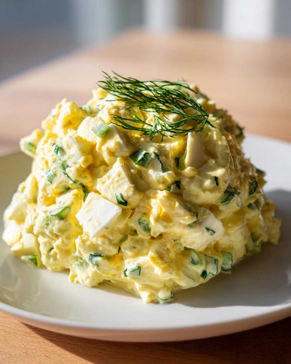 A generous mound of creamy, yellow egg salad recipe garnished with fresh dill on a white plate.