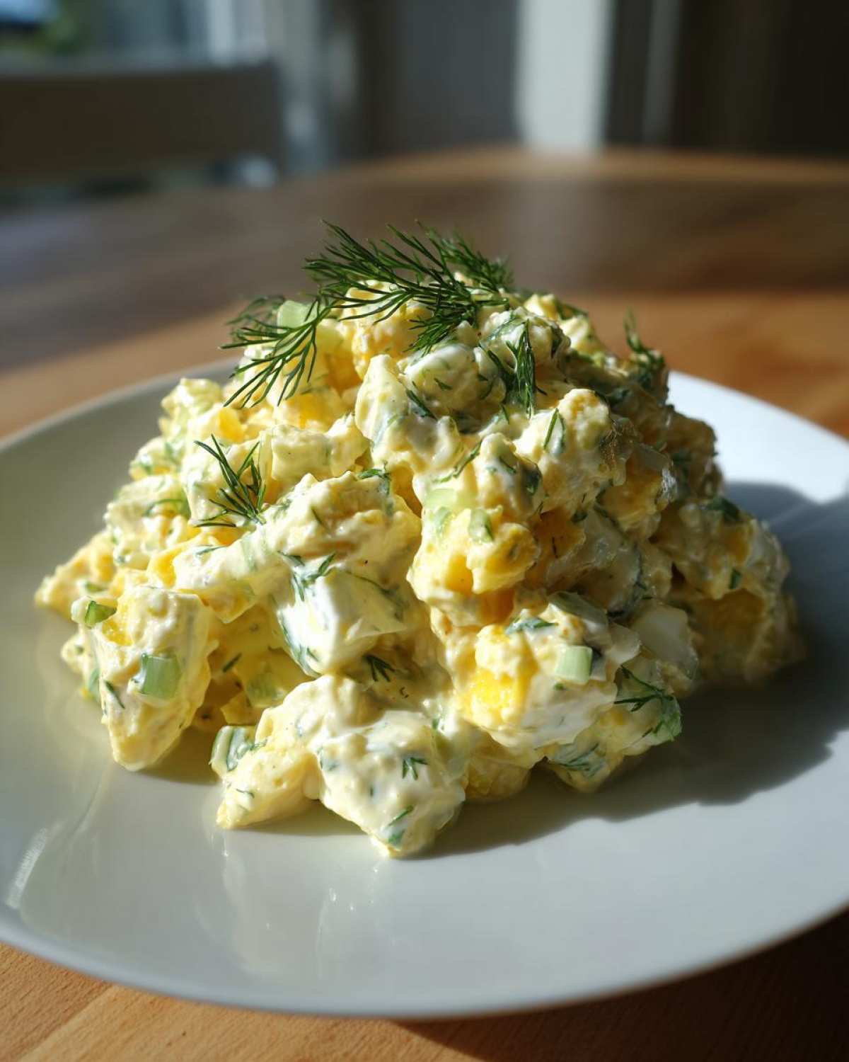 A generous mound of creamy egg salad recipe, garnished with fresh dill, served on a white plate.
