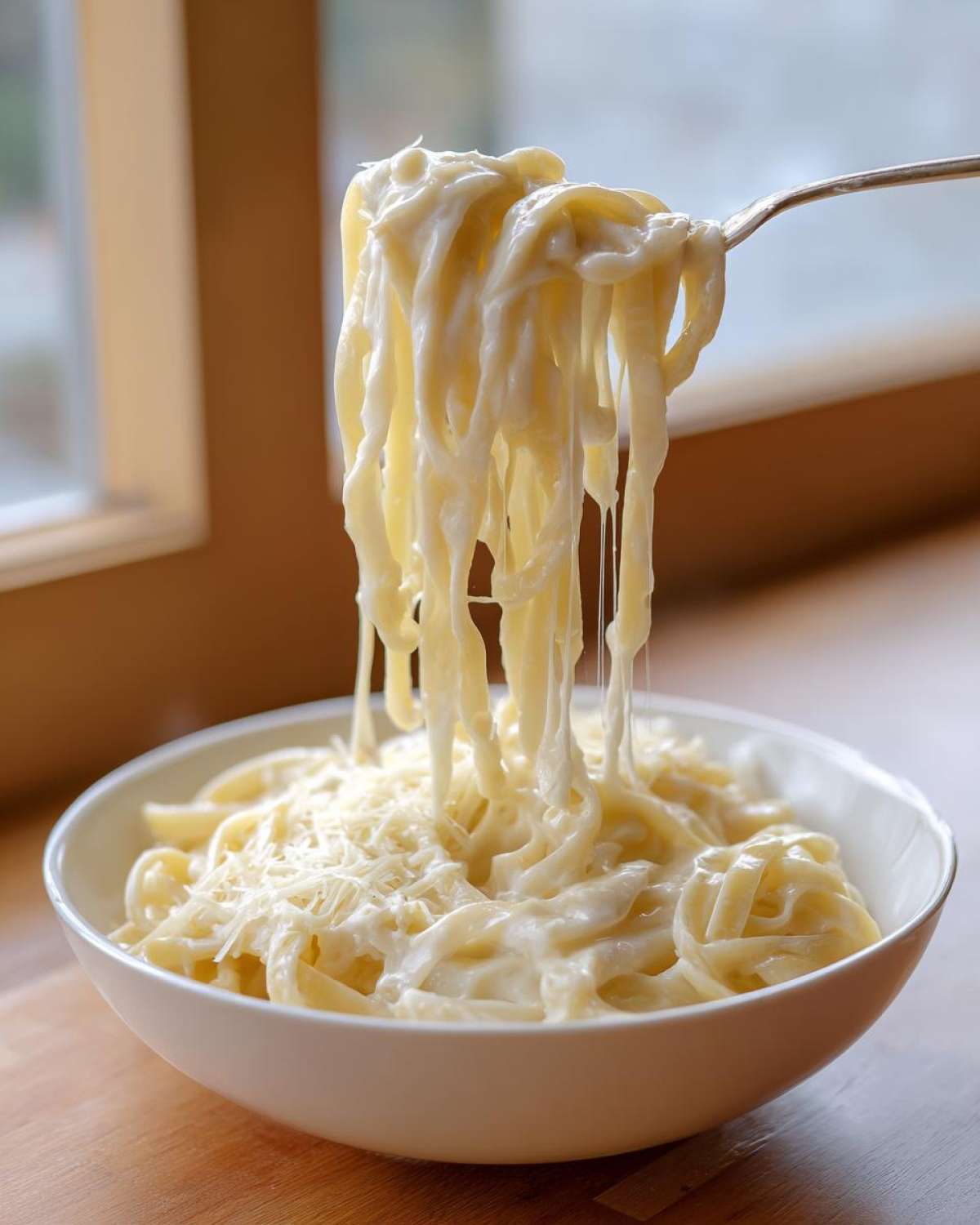 A fork lifts fettuccine noodles coated in thick, creamy homemade alfredo sauce out of a white bowl.
