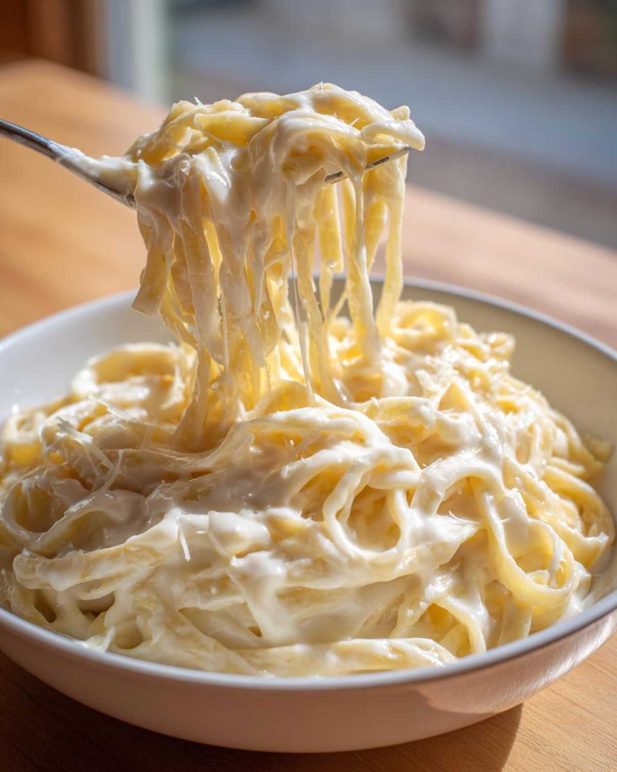 A fork lifts fettuccine noodles coated in thick, creamy homemade alfredo sauce from a white bowl.