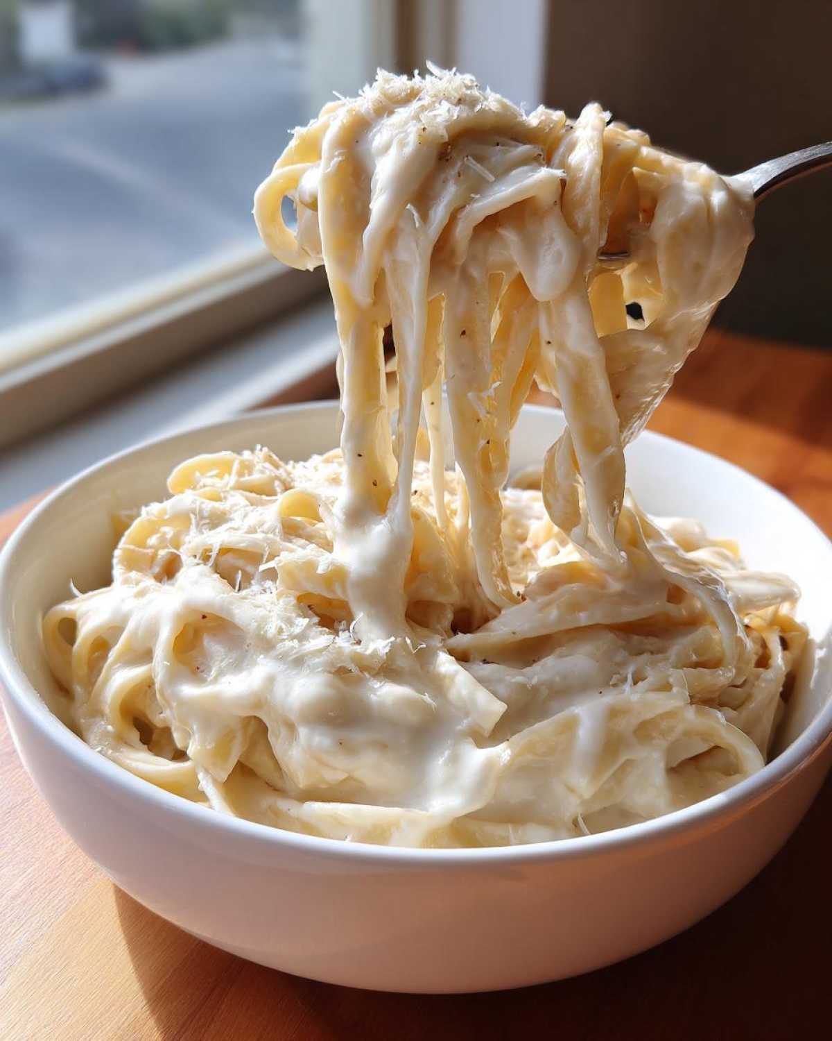 A fork lifts fettuccine noodles coated in thick, creamy homemade alfredo sauce from a white bowl.