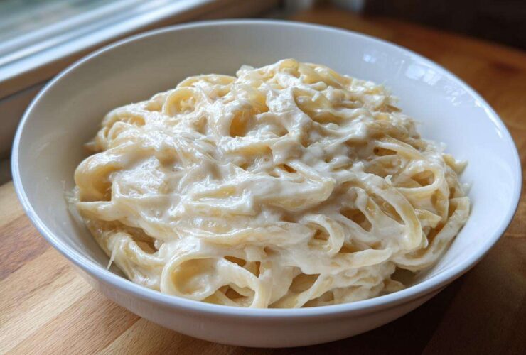 A white bowl filled with fettuccine pasta generously coated in rich, creamy homemade alfredo sauce.