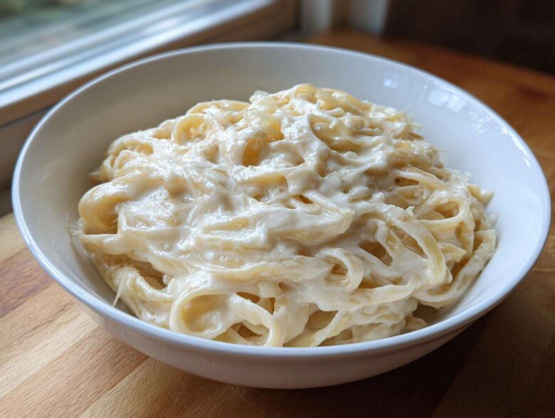 A white bowl filled with fettuccine pasta generously coated in rich, creamy homemade alfredo sauce.
