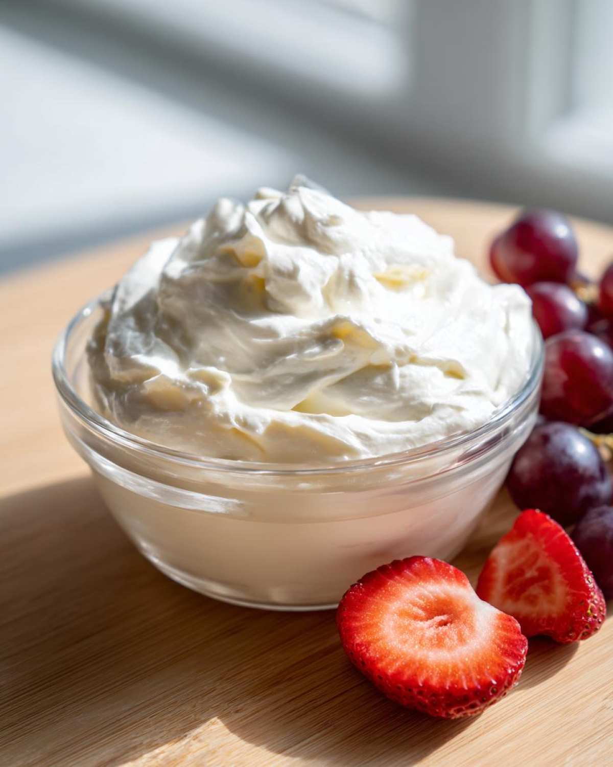 A bowl of creamy white fruit dip served with fresh sliced strawberries and red grapes.
