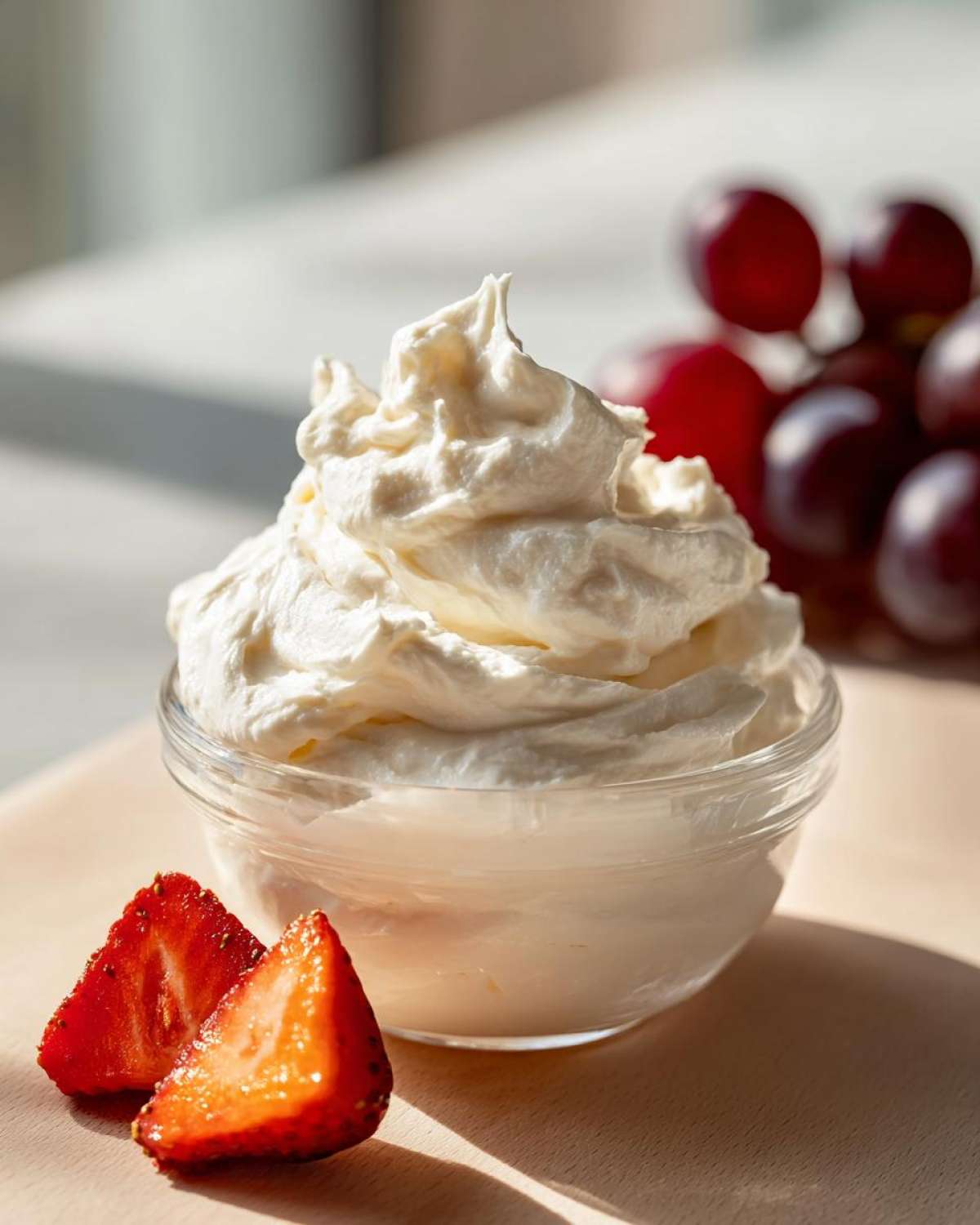 A close-up of a bowl filled with fluffy white fruit dip, garnished with sliced strawberries and red grapes in the background.