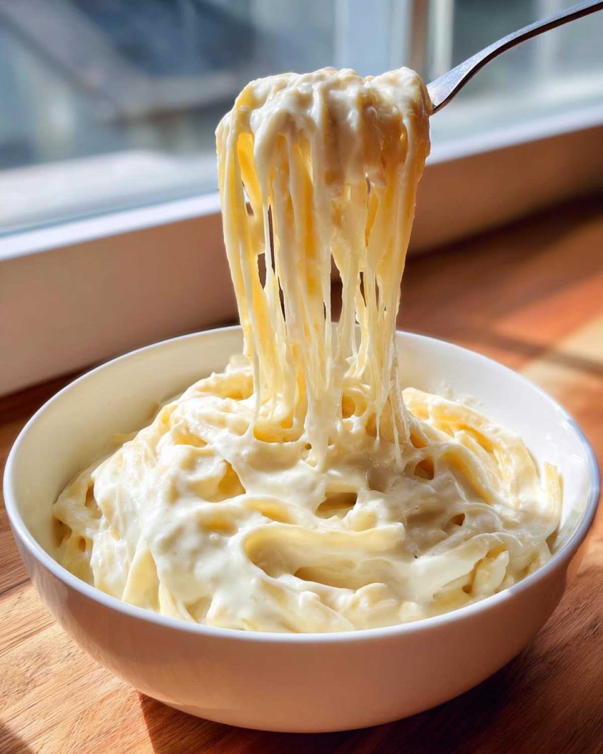 A fork lifts fettuccine noodles coated in thick, creamy homemade alfredo sauce from a white bowl.