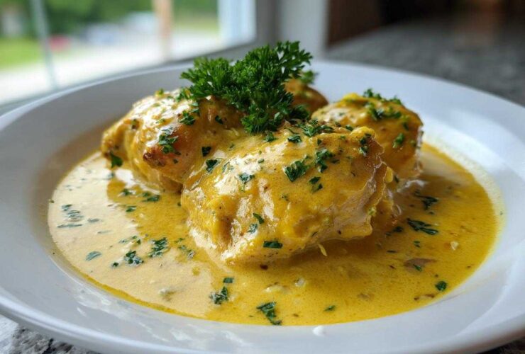 Three pieces of creamy lemon chicken smothered in a rich, yellow sauce and garnished with fresh parsley.
