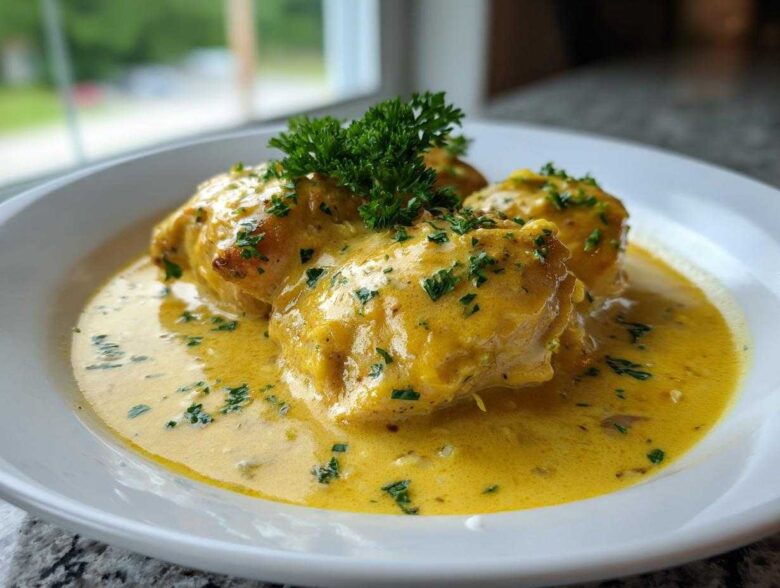 Three pieces of creamy lemon chicken smothered in a rich, yellow sauce and garnished with fresh parsley.