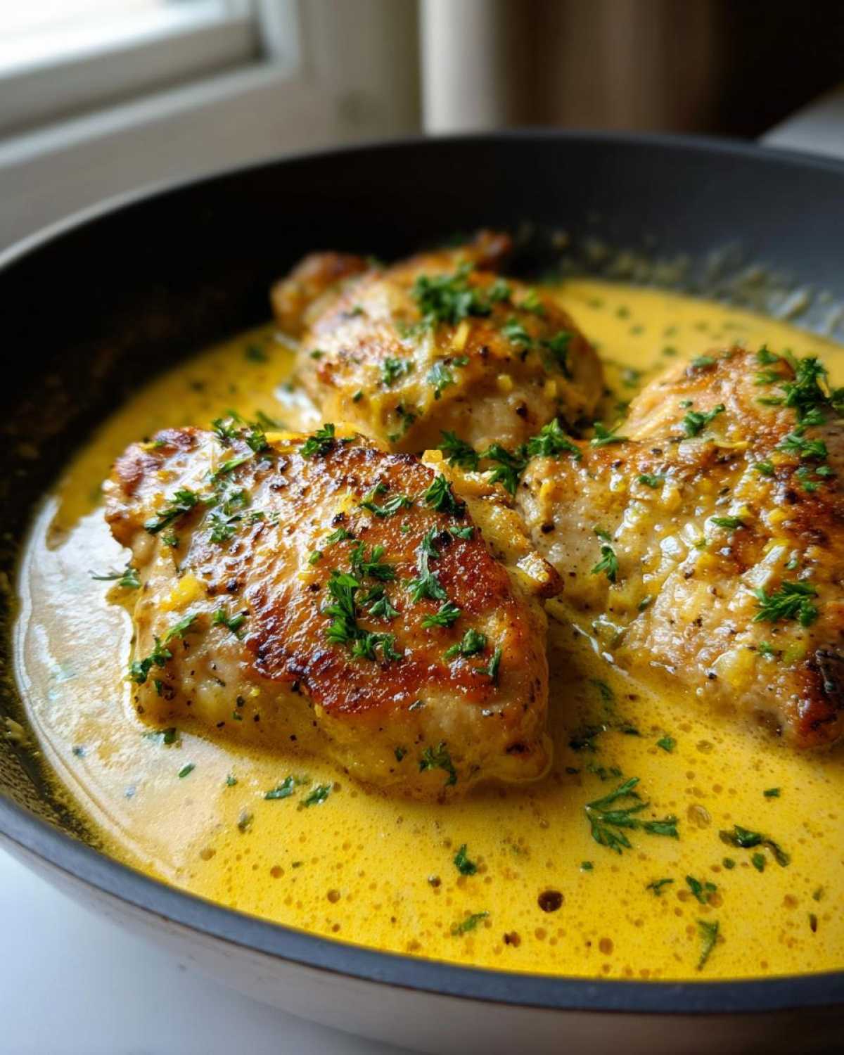 Three golden-brown chicken thighs resting in a rich, bright yellow creamy lemon chicken sauce, garnished with parsley.