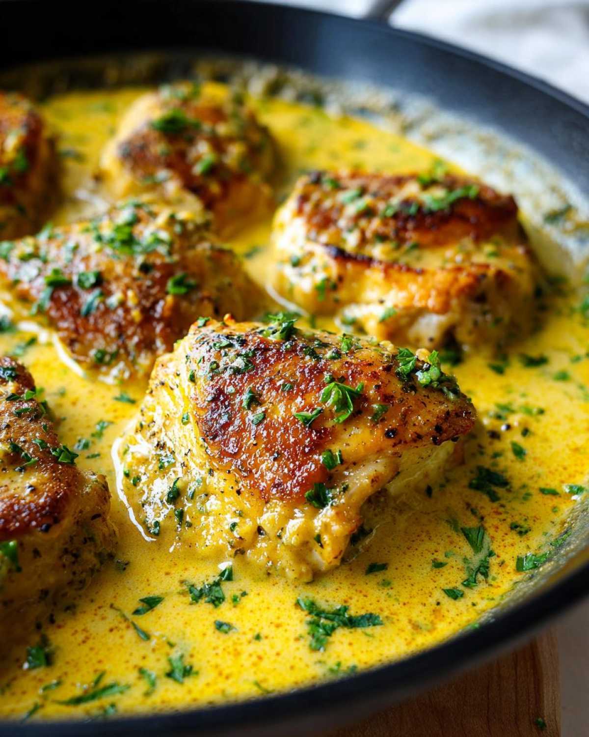 Close-up of seared chicken thighs simmering in a rich, bright yellow creamy lemon chicken sauce, garnished with parsley.