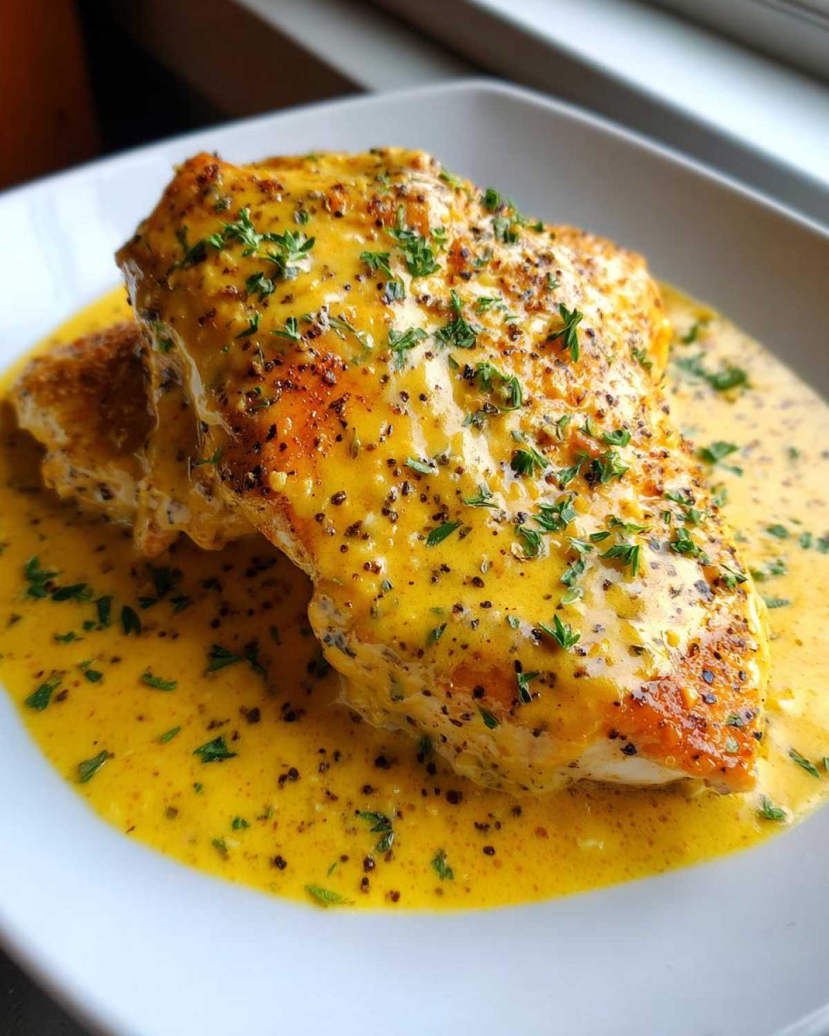 Two pan-seared chicken breasts smothered in a rich, yellow creamy lemon chicken sauce and sprinkled with black pepper and parsley.