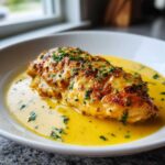 A perfectly cooked piece of creamy lemon chicken resting in a pool of bright yellow lemon sauce, topped with fresh parsley.