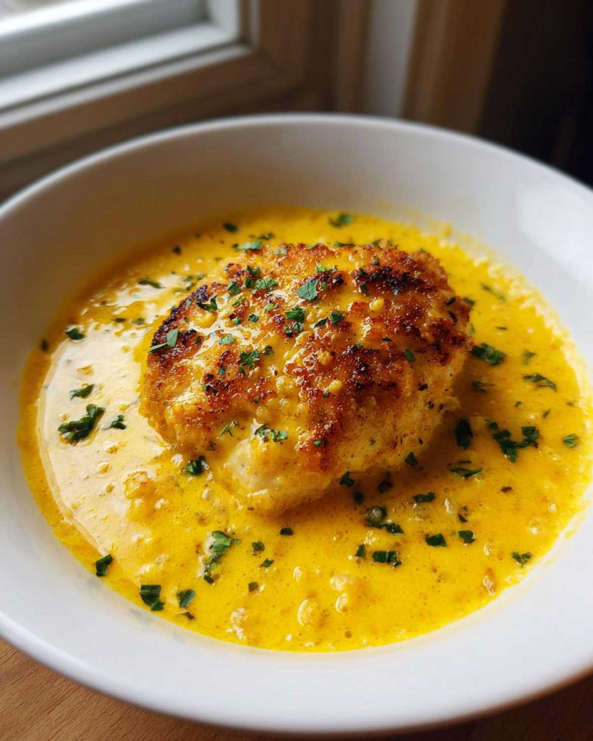 A perfectly seared piece of chicken served in a rich, bright yellow creamy lemon chicken sauce, garnished with parsley.