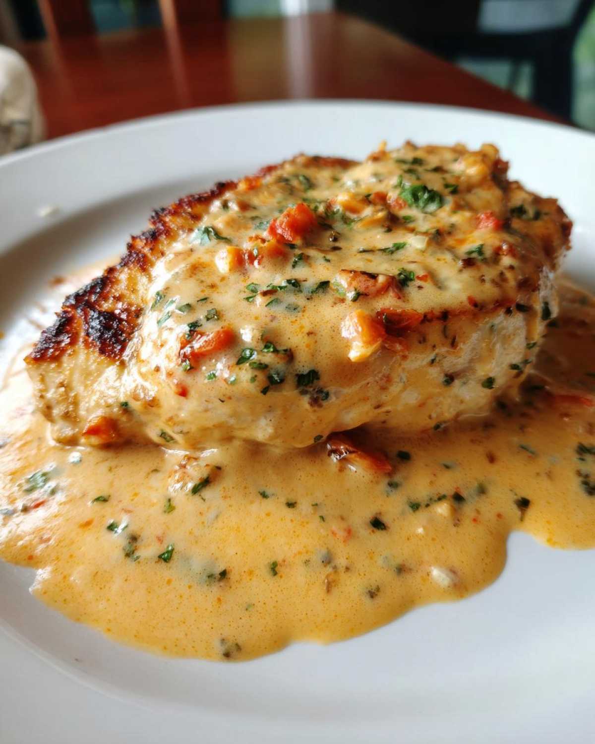 A perfectly seared chicken breast smothered in a rich, creamy sauce with sun-dried tomatoes and herbs, characteristic of Marry Me Chicken.