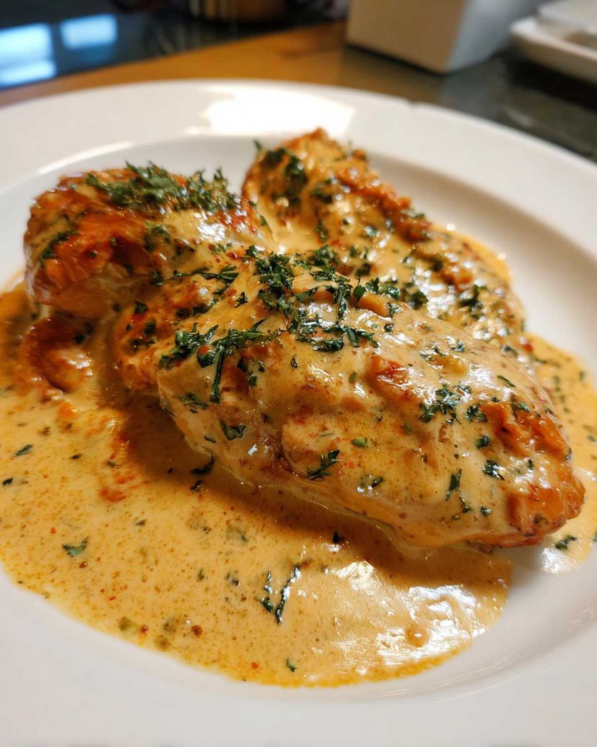 Two pieces of juicy Marry Me Chicken smothered in a rich, sun-dried tomato sauce and topped with fresh parsley.