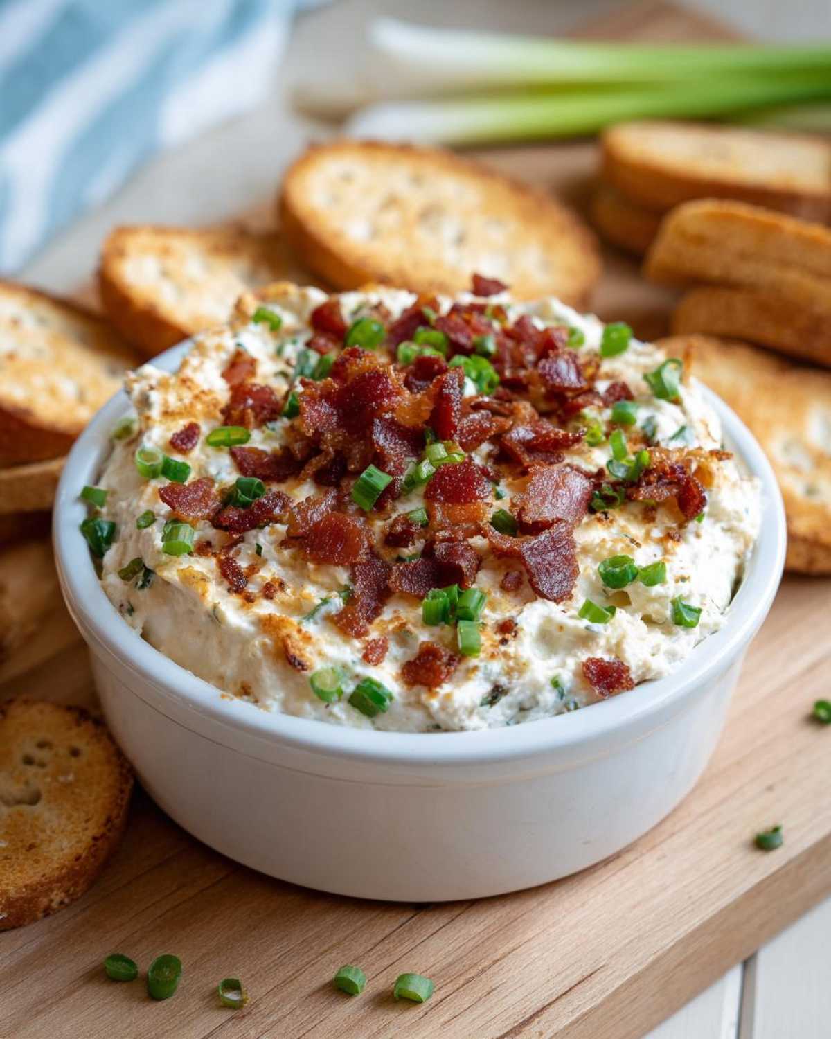 A white bowl filled with creamy Million Dollar Dip, topped generously with crumbled bacon and chopped green onions.
