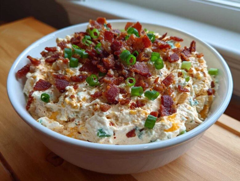 A white bowl filled with creamy Million Dollar Dip, topped generously with crumbled bacon and sliced green onions.