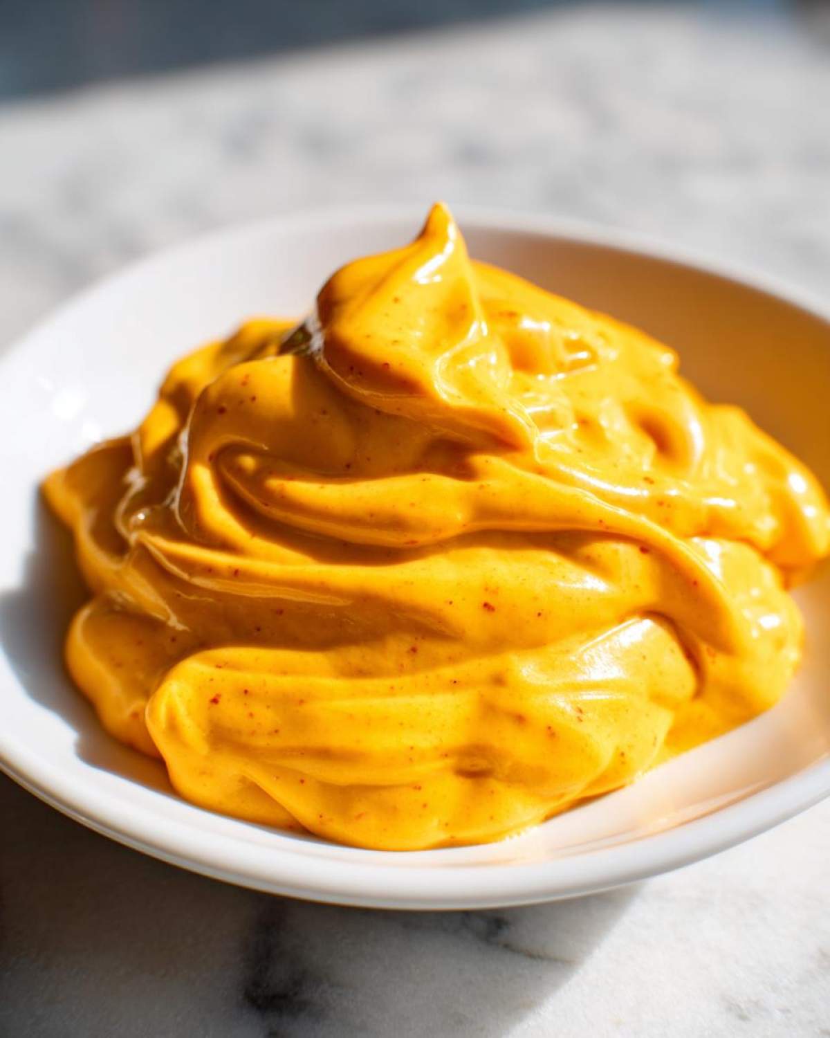 A close-up of thick, bright orange nacho cheese sauce swirled high in a small white bowl.