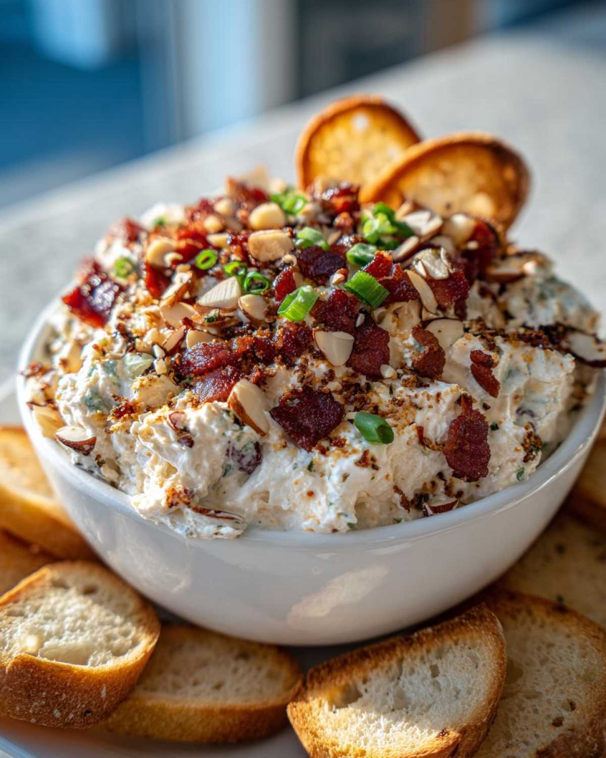 A bowl of creamy Neiman Marcus dip generously topped with bacon bits, sliced almonds, and green onions, served with toasted bread rounds.