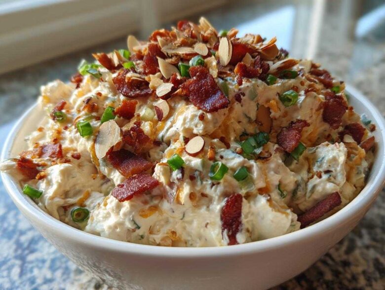 A white bowl filled with creamy Neiman Marcus dip, topped generously with crumbled bacon, sliced almonds, and green onions.