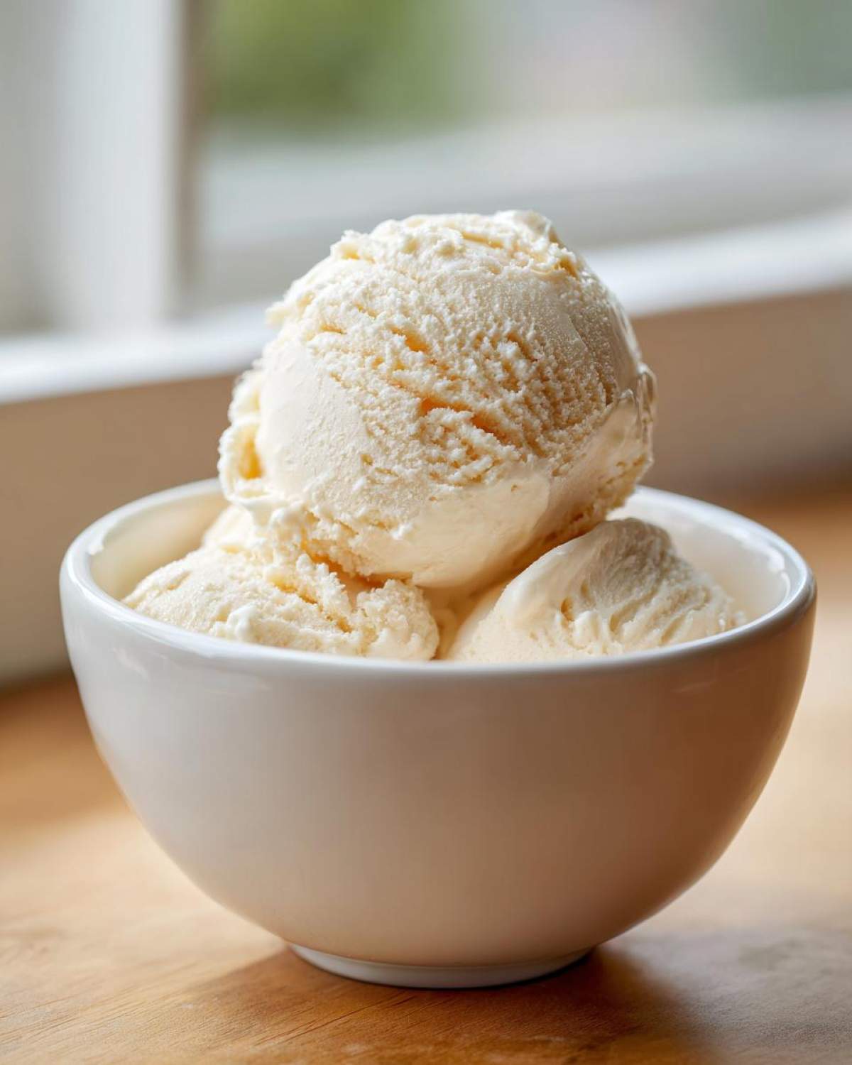 Close-up of several scoops of creamy, pale yellow protein ice cream served in a small white bowl.