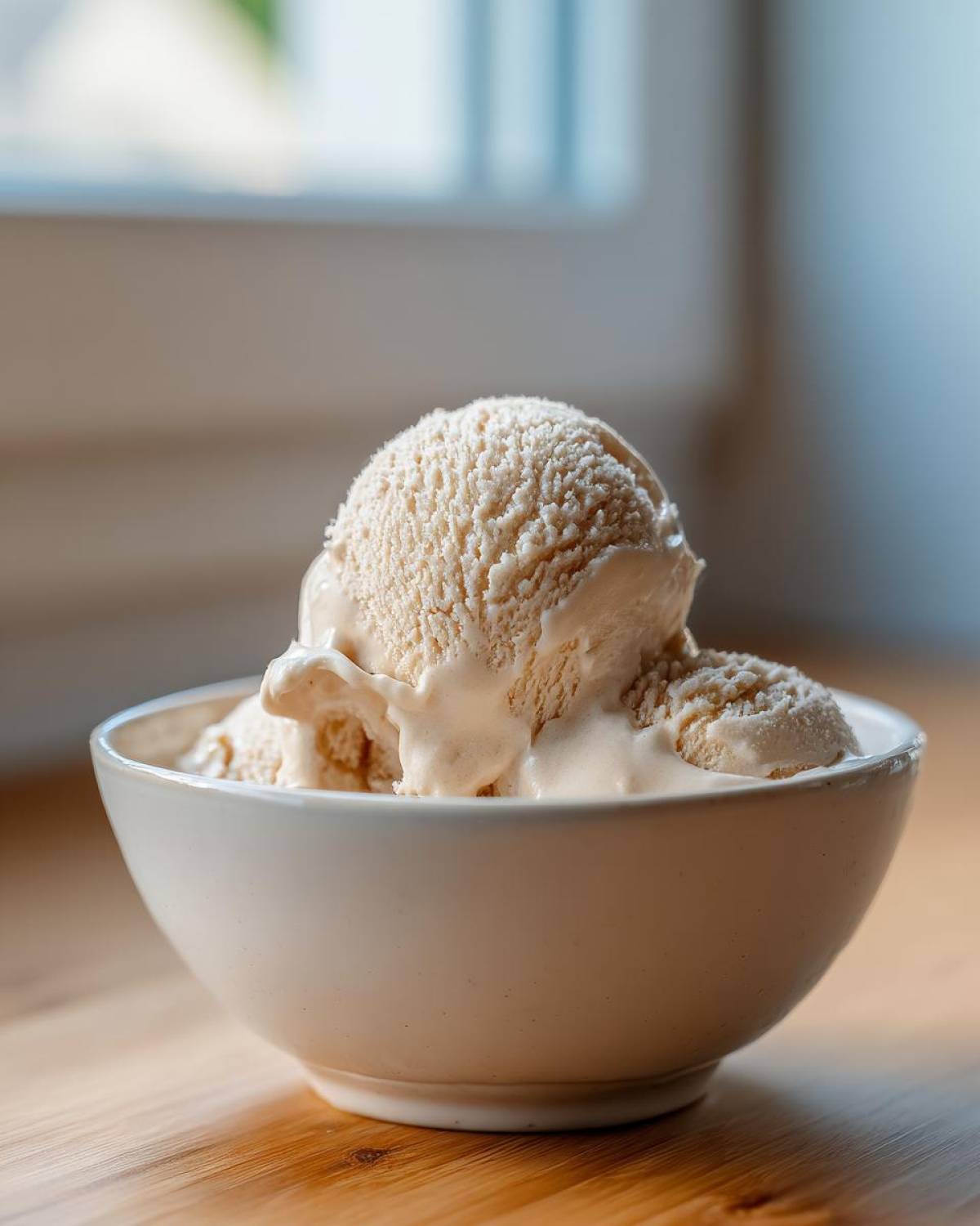 Close-up of creamy protein ice cream scoops served in a white bowl on a wooden surface.