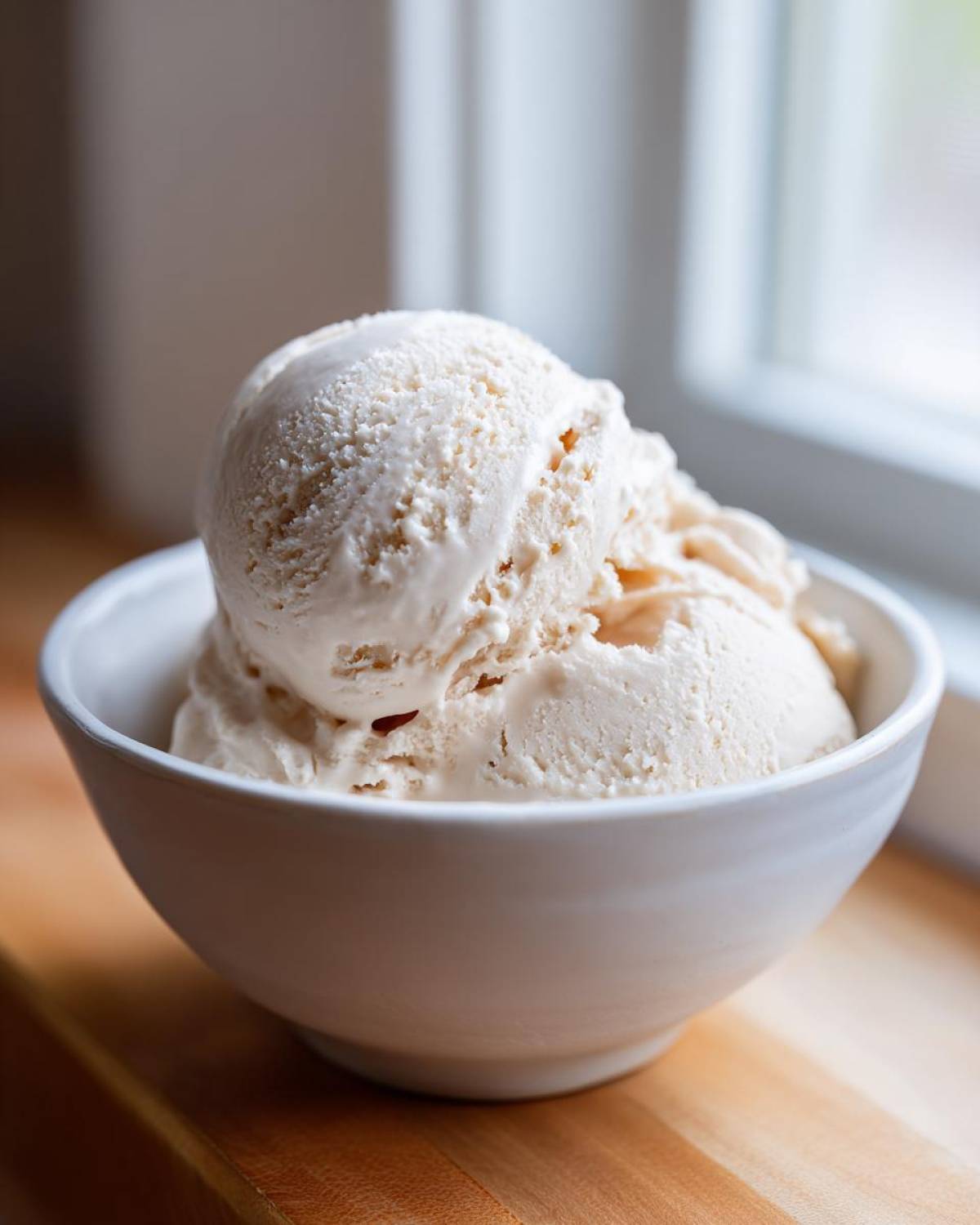 Close-up of creamy, light-colored protein ice cream scoops melting slightly in a white bowl on a wooden surface.