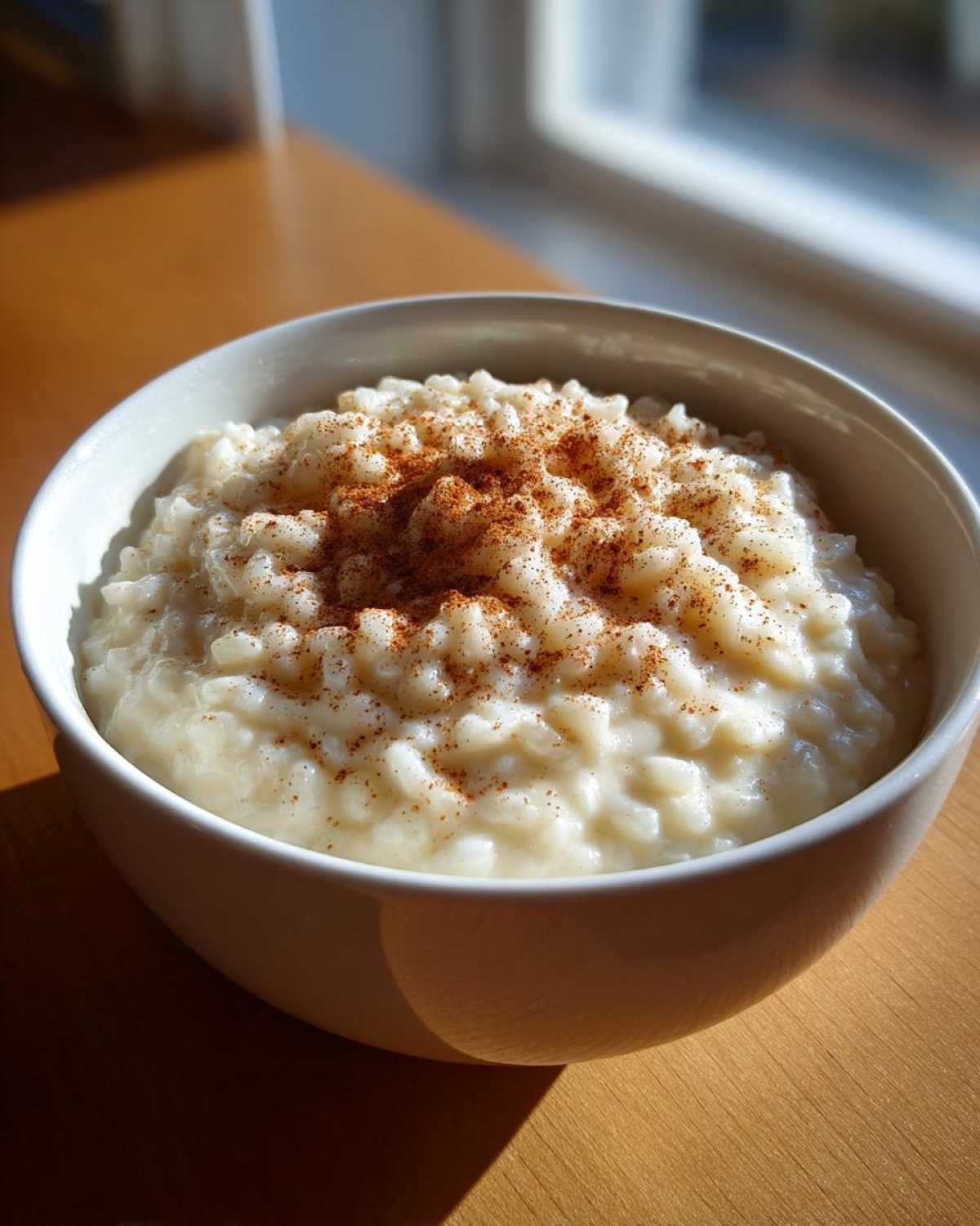 A close-up of a creamy bowl of rice pudding topped generously with ground cinnamon.