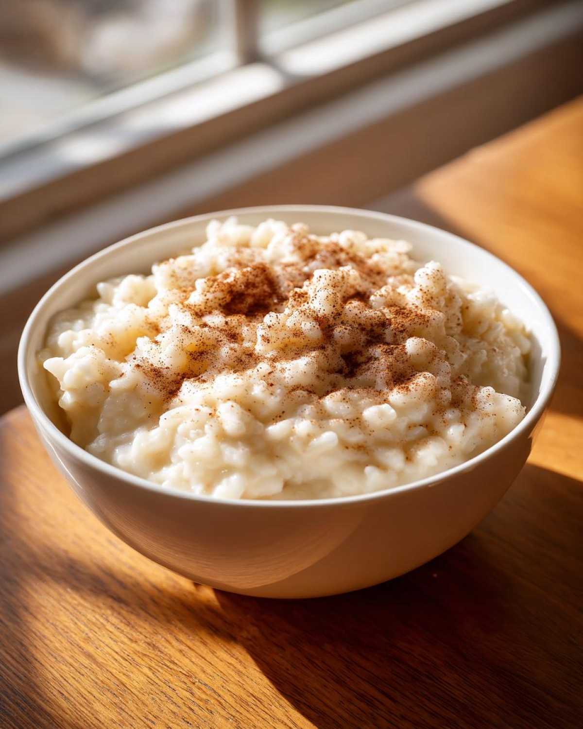 A close-up of a white bowl filled with creamy rice pudding, topped generously with ground cinnamon.