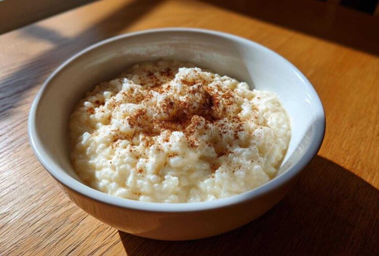 A close-up of a bowl of creamy rice pudding sprinkled generously with cinnamon.