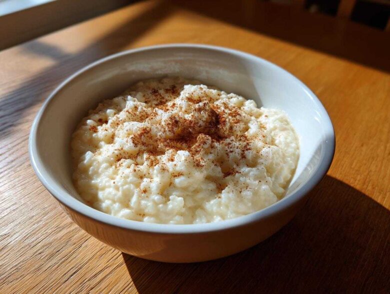 A close-up of a bowl of creamy rice pudding sprinkled generously with cinnamon.