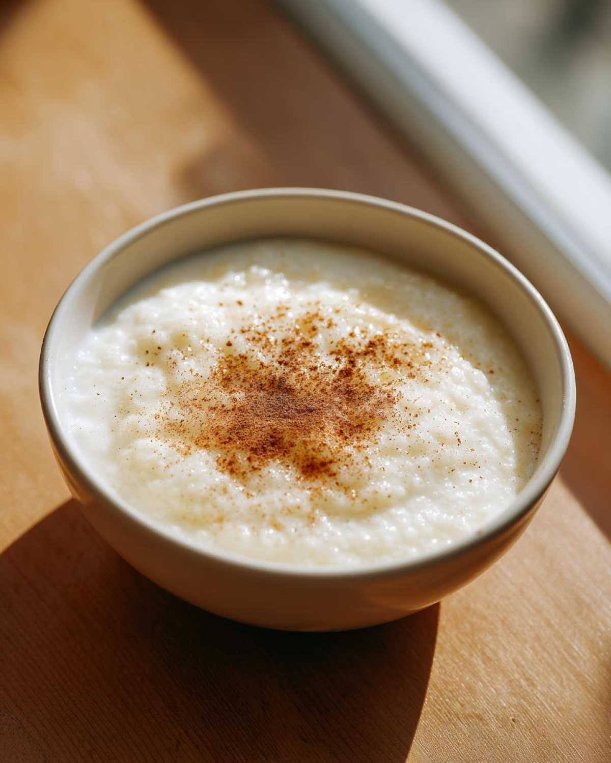 A close-up of a bowl of creamy rice pudding topped with a sprinkle of cinnamon.