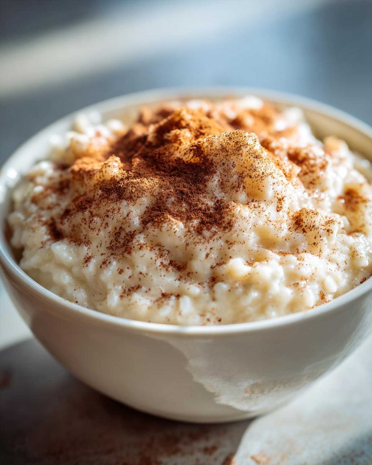 Close-up of a creamy rice pudding recipe served in a white bowl, generously dusted with ground cinnamon.
