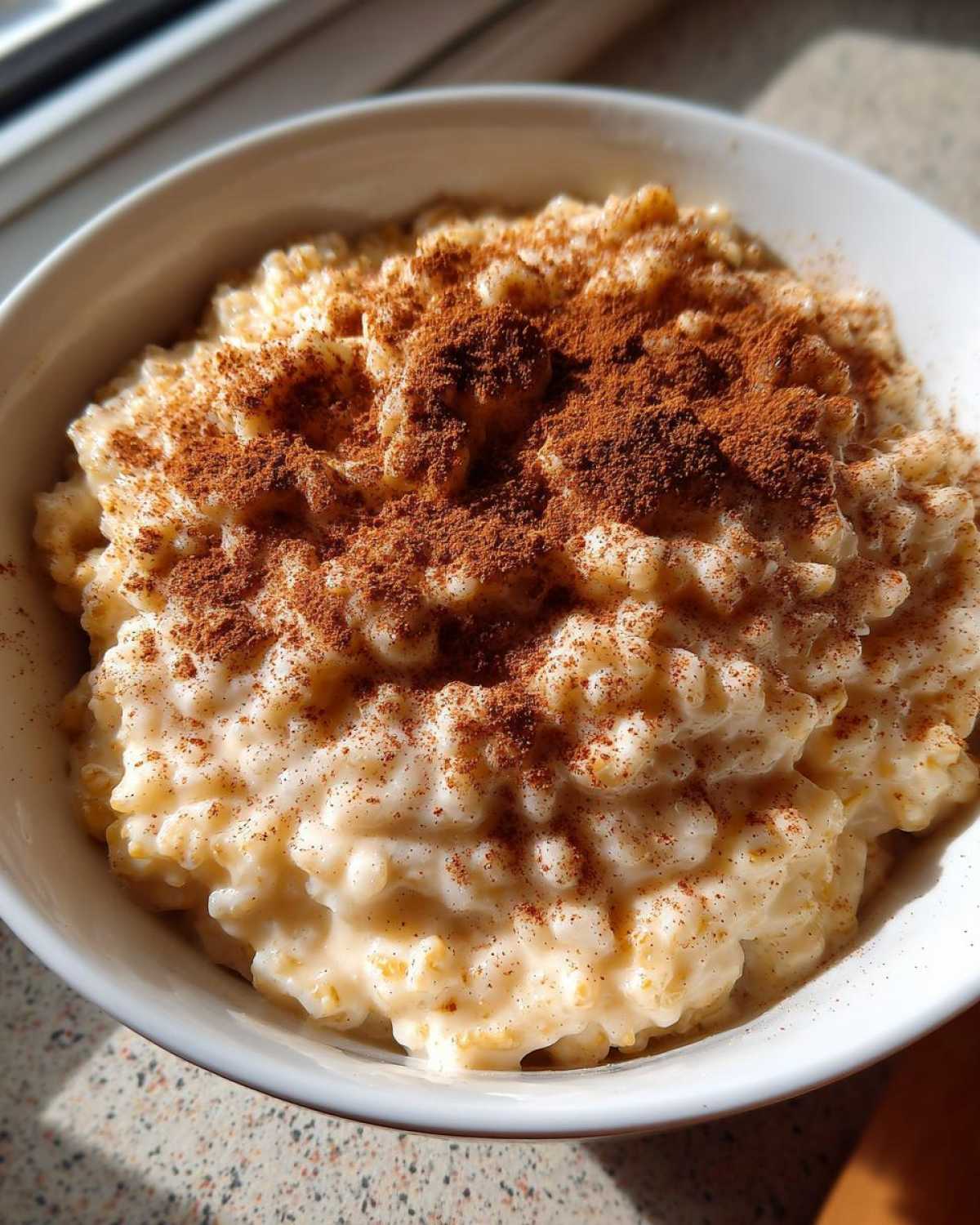 Close-up of a creamy rice pudding recipe served in a white bowl, generously dusted with ground cinnamon.