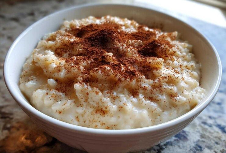 Close-up of a bowl of creamy rice pudding recipe generously sprinkled with ground cinnamon.
