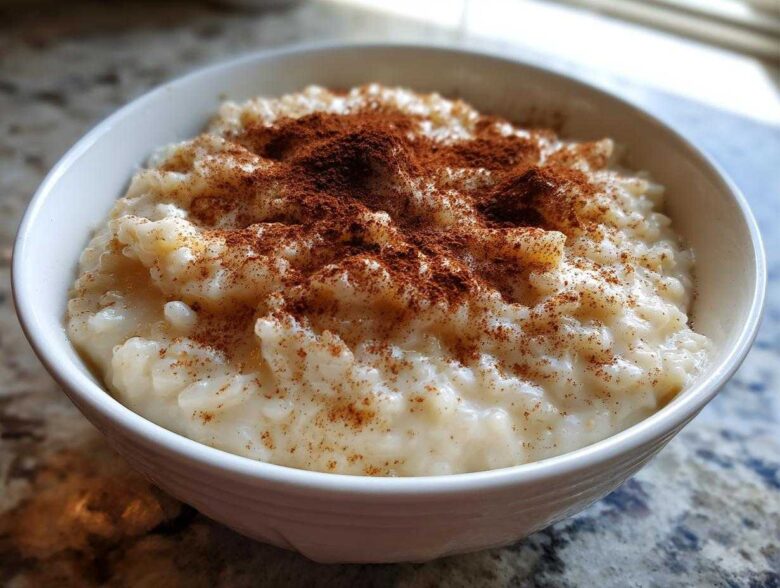 Close-up of a bowl of creamy rice pudding recipe generously sprinkled with ground cinnamon.