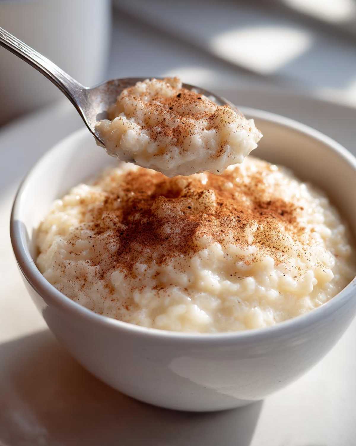 A spoonful of creamy rice pudding recipe topped with cinnamon being lifted from a white bowl.