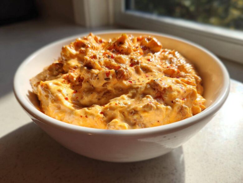 A close-up of creamy, cheesy rotel dip topped with red pepper flakes in a white serving bowl.