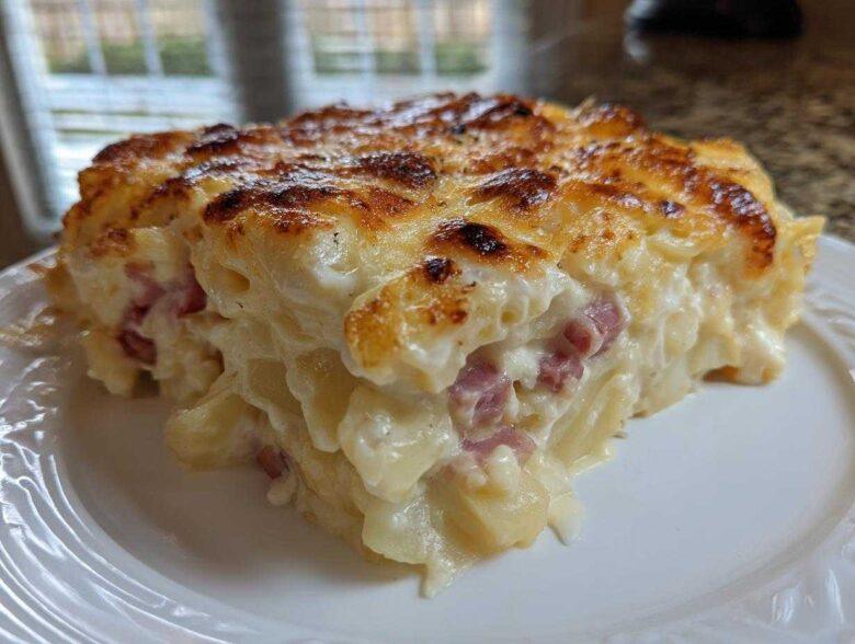 A close-up of a rich, creamy slice of scalloped potatoes and ham with a golden-brown, cheesy top.
