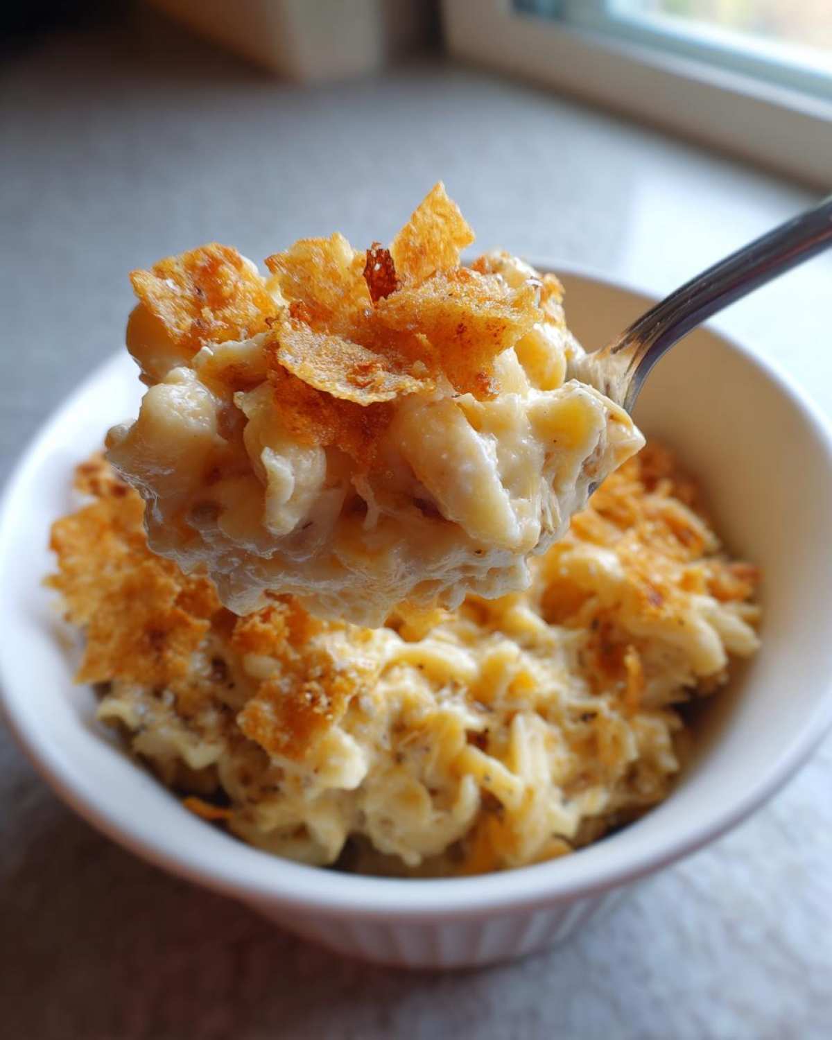 A spoonful of creamy Tuna Casserole topped with crispy, golden-brown flakes being lifted from a white serving bowl.