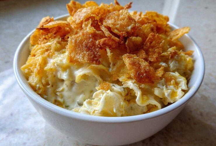 A close-up of a serving of creamy Tuna Casserole topped generously with golden, crispy cornflakes.
