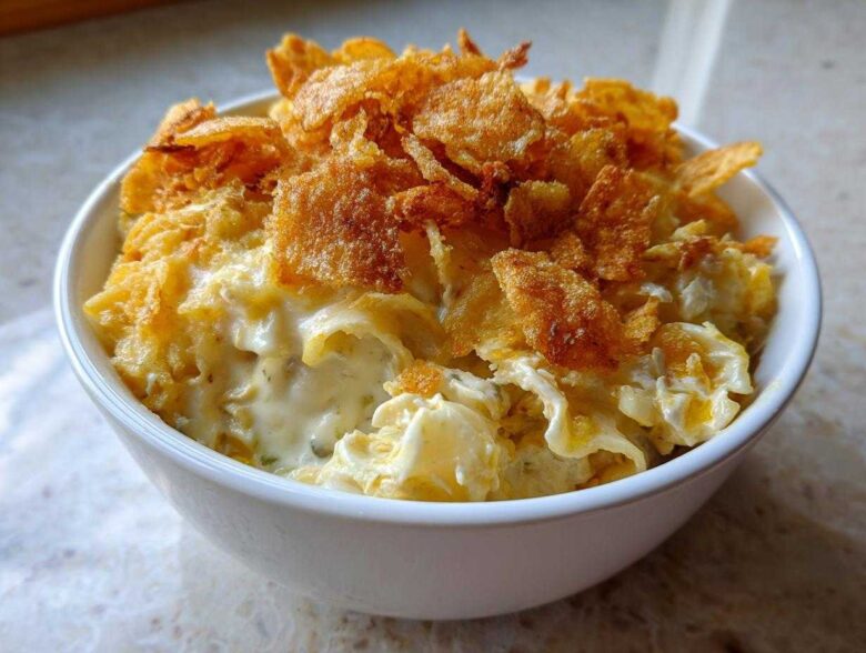 A close-up of a serving of creamy Tuna Casserole topped generously with golden, crispy cornflakes.